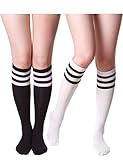 Haslra Women's Knee High Socks 2 Pairs (Triple Stripe Mix) Medium White,Black,Gray