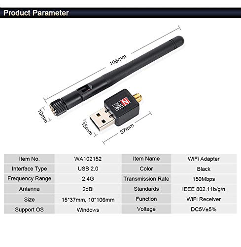 Mini USB WiFi Adapter 150Mbps 2dB Antenna PC USB Wi-fi Receiver Wireless Network Card 802.11b/n/g High Speed USB wi fi Ethernet (150Mbps)