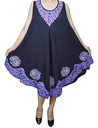 Roxanne Womens Beach Sundress Sleeveless Batik Print Embroidered Loose Swing Style Cover up Tank Dress