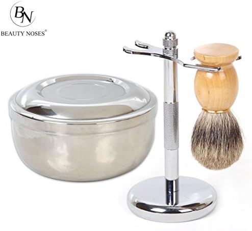 BeautyNoses2017 - Men Wood Handle Shaving Brush +Razor Stand Holder + Stainless Steel Mug Bowl Set