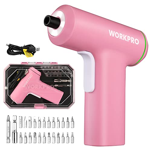 WORKPRO Pink Electric Cordless Screwdriver Set, 3.6V USB Rechargeable Lithium-ion Battery Power Screwdriver Kit with LED Light, 6Nm Torque Screw Gun with 28pcs Accessories for Home, Office Repair
