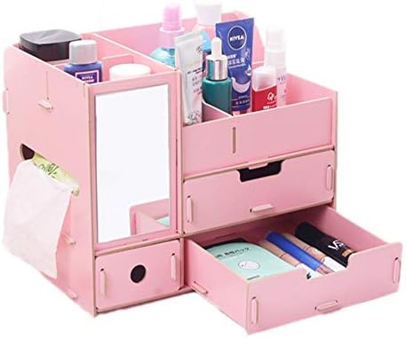 JASNO Wooden Cosmetics Storage Box - Perfect Makeup Desktop Box With Mirror,3 Layers Drawers And Tissue Cassette For Your Perfume And Jewelry Case [Energy Class A]