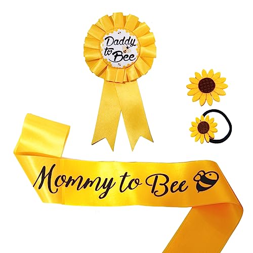 4 Packs Baby Shower Decorations Yellow Mommy to Bee Sash and Daddy to Bee Pin Tinplate Badge with Bee Pattern with 1 Sunflower Pin, 1 Sunflower Ties for Baby Welcome Party
