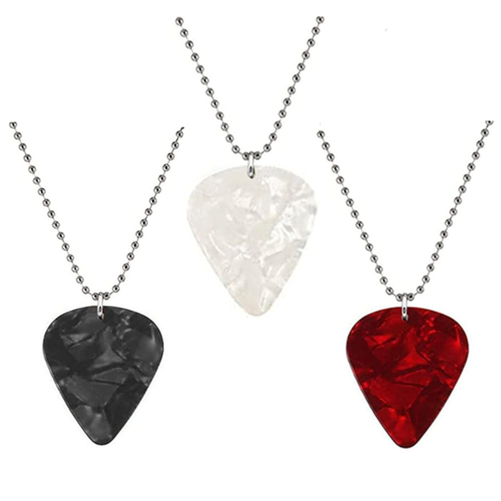 CAASFOOY Guitar Pick Necklace, 3 Pieces, Metal and Acrylic, Black, Red, White