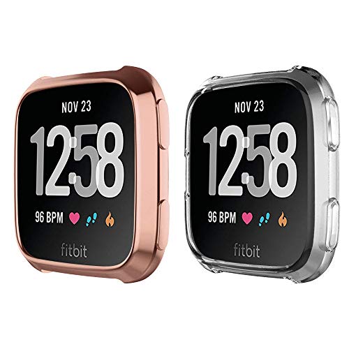 EZCO Compatible Fitbit Versa Screen Protector Case (2-Pack), Soft TPU Plated Case All-Around Protector Screen Cover Bumper Compatible Fitbit Versa Smart Watch, Rose Gold+Silver