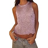 Meladyan Women Sexy Fishnet Knit Glittering Crop Tank Going Out Top Sheer Mesh Sleeveless Crewneck Solid Slim Cropped Tops