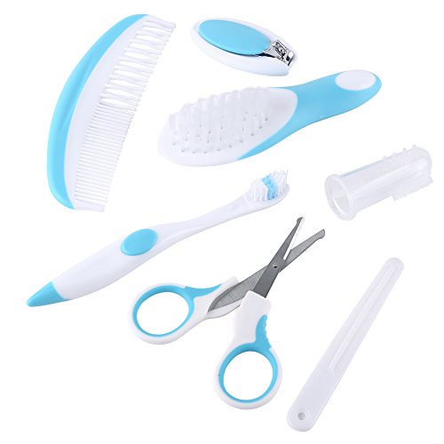 Baby Grooming Kit, 7pcs/Set Safe Hair Comb ToothBrush Nail Clipper Scissors Healthcare Daily Nurse Shower Tool Set with Carry Bag for Unisex Newborn Toddler Infant Girls and Boys Kids (Blue)