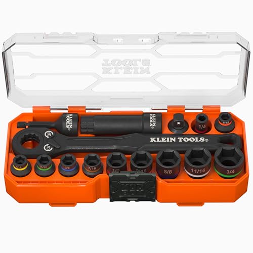 Klein Tools 65400 KNECT 15-teiliger Durchsteck-Steckschlüsselsatz, SAE-Schlag-Steckschlüsselsatz mit MODbox-Koffer, Stecknüsse, Bits und Zubehör, 3/8-