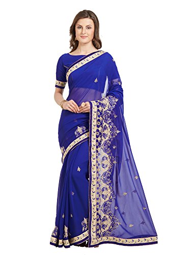 Viva N Diva Saree for Women s Royal Blue Color Faux Georgette Embroidery Saree with Un-Stiched Blouse Piece,Free Size