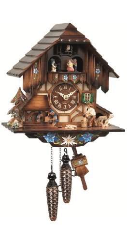 Cuckoo Clock Black Forest house with moving wood chopper and mill wheel