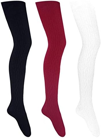 SANGTREE Girl 3 Pack Girls Spring Knit Stockings Pantyhose for Little Girls &amp; Big Girls Black/Red/White, Tag M = 4-5 Years