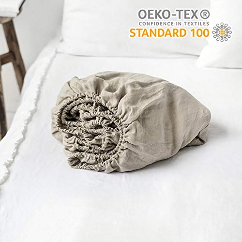 King Linens 100% Linen Fitted Sheet Solid Color Stone Washed Simple Soft Farmhouse (Queen, Linen)