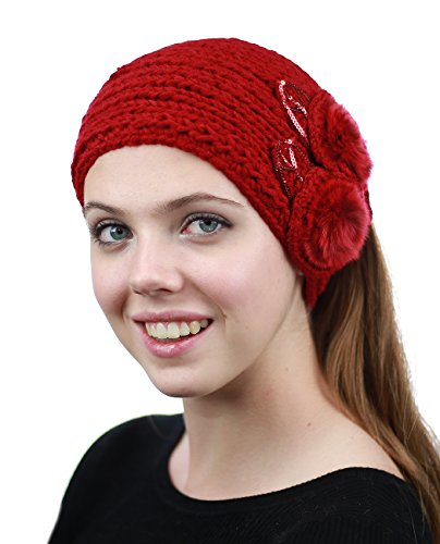 NYFASHION101 Hand Knitted Furry Flowers Winter Headband Headwrap, Red