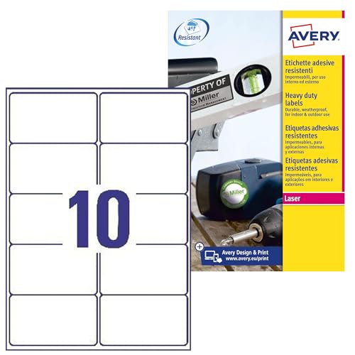 Avery Weatherproof/Waterproof, Parcel Mailing Labels, Laser Printers, L7992-25, White, 25 Per A4 Sheet.