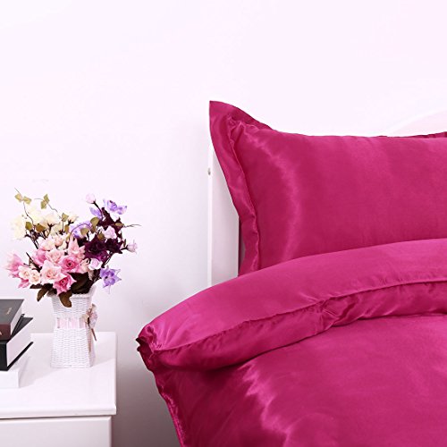 uxcell 4pcs Wine Red Satin Silk Like Solid Color Bedding Set Duvet Cover Silk Pillow Shams Silk