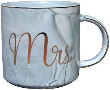 Indeedshare Mr Mrs Ceramic Coffee Mug Gift - Gold & Marble Cups for Wedding Engagement and Couples Anniversary(Mrs)