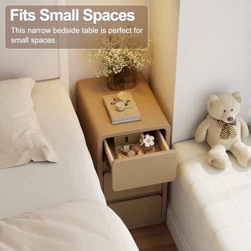 AQIMUELE Small Bedside Table Slim Bedside Table with 3 Drawers, Narrow Side Table Assembled with Leather Surface for Bedroom, 30cm (Khaki)