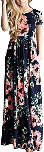 YOUCOO Women Fashion Printed Short Dress Short Sleeve Retro Vintage Flower Casual Floor Length Maxi Dress (S-3XL)