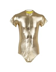 Apparel: iiniim Mens Leather Short Sleeves Zipper One Piece Leotard Bodysuit Underwear Gold XL