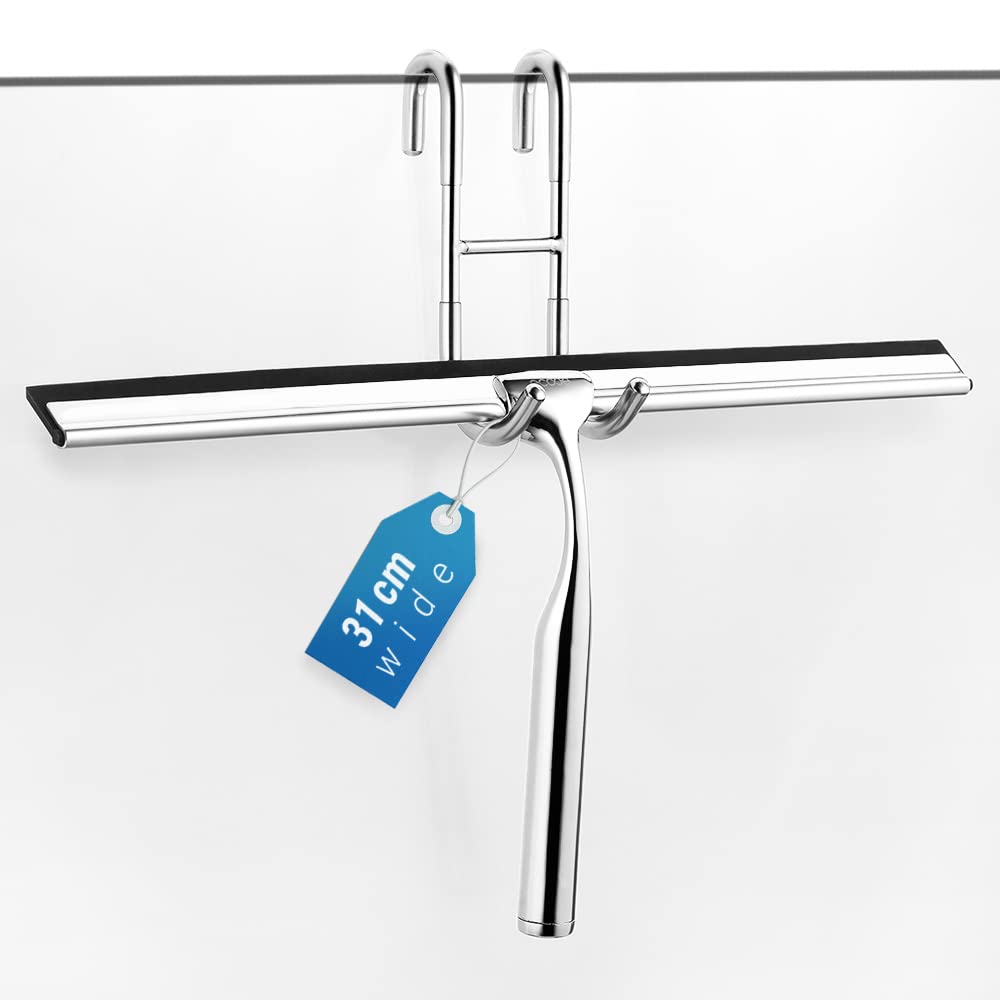 General Squeegee Stainless Steel Shower Wiper 31cm Shower Squeegee Without Drilling Window Puller with Wall Hanger 2 Silicone Wiper Lip for Bathroom Mirror Window Glass Cleaning Chrome