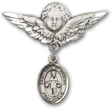 ReligiousObsession's Sterling Silver Baby Badge with St. Nino de Atocha Charm and Angel with Wings Badge Pin