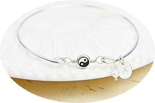 Yin and Yang Bangle Bracelet- Personalized Initial, Birthstone Crystal, or Zodiac Sterling Silver Filled Wire Wrap Charm Dangle Bracelet- Made to Size