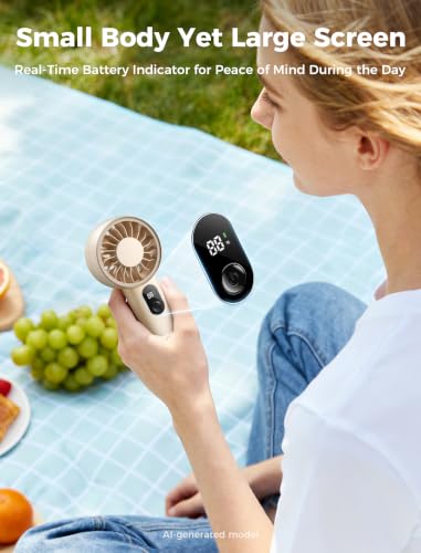 Aecooly Mighty Portable Hand Fan, Mini Handheld Fan Rechargeable [10H Max Cooling Time] with LED Display, 5 Speeds Powerful Small Personal Fan for Travel, Lash, Summer, Gifts for Women - Beige