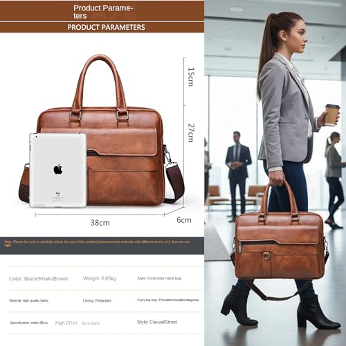 Aishini Men's Leather Briefcase & Messenger Bag - 16 inch Laptop Satchel with Adjustable Shoulder Strap, Waterproof Large Capacity Business Handbag for Professionals - [ 42 x 38 x 6cm ] Tan Brown | ASLPTOP02