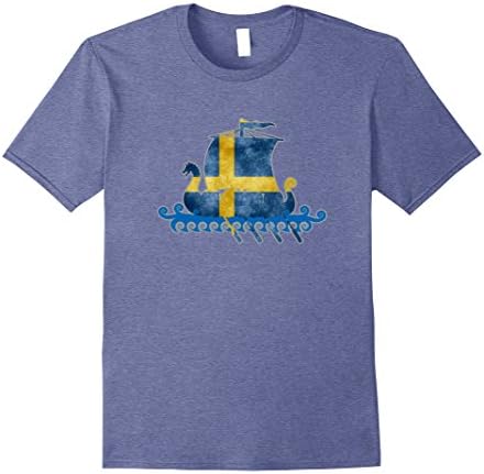 Mens Sweden Viking Shirt, Swedish Flag Viking Ship T-Shirt Small Heather Blue