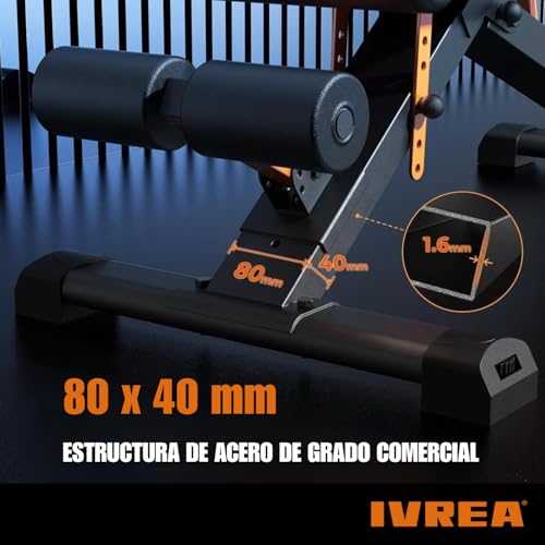 IVREA Banco de Pesas Ajustable y Plegable de Alta Resistencia – Banco Multifuncional Ajustable con Base Extra Ancha, Capacidad de 400 kg - Negro/Naranja