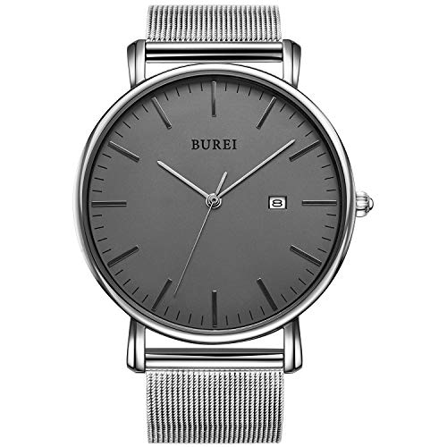 BUREI Men's Fashion Minimalist Wrist Watch Analog Deep Gray Date with Black Milanese Mesh Band (Grey-Silver Mesh Band)