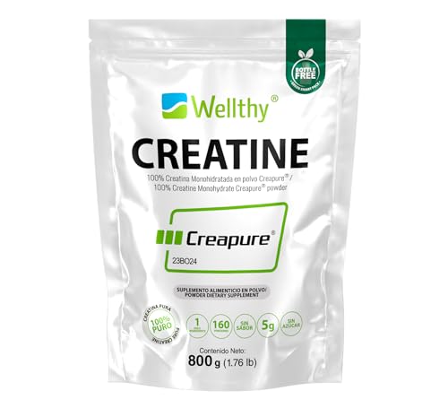 Wellthy Creatina Monohidratada Micronizada Creapure ® 800g. 100% Pura. Solo 1 Ingrediente Creatina Alemana Creapure®. Vegana, Sin Azúcar, 160 porciones, 5g por porción, Pre Entreno con Scoop. Pure. Proven. Perfect.
