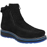 Men&rsquo;s Genuine Petatillo Leather Square Toe Cowboy Western Boots &ndash; Black with Blue Sole, Double Zipper, Calf High, Oil and Slip Resistant Rubber Sole, Handcrafted