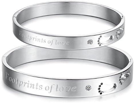 SOPO Stainless Steel Bangle Bracelet 2 Pcs - Wristband Footprints of Love