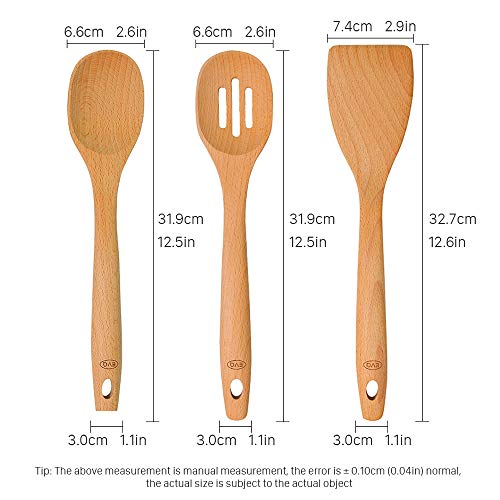 EVQ Kitchen Wooden Cooking Utensil Sets, Wooden Spoon,Slotted Spoon,Turner, Non Scratch Natural Beechwood （3 Piece）