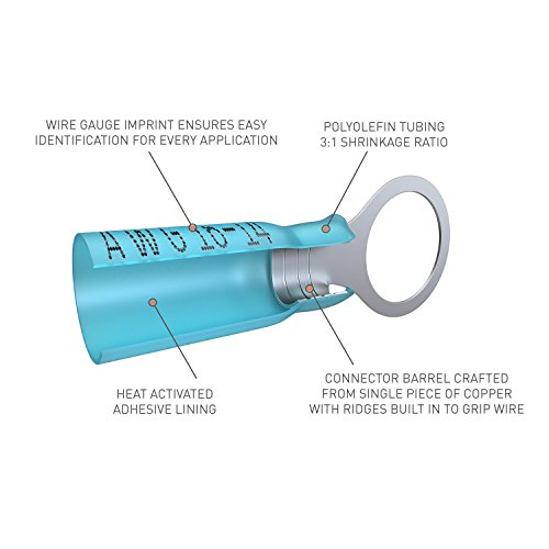 120 PC 1/4" Blue Heat Shrink Ring Crimp Connectors: 16-14 Gauge Bulk Electrical Terminals - Insulated 16 14 AWG Automotive, Marine, Audio, and Industrial Grade. Hot Melt Adhesive Eyelet Splice Jar Set