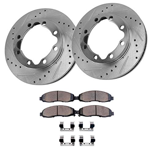 Detroit Axle - Drilled & Slotted FRONT Brake Kit Rotors Set & Brake Kit Pads w/Clips Hardware Kit for 4WD Only - 94-96 Ram 2500 w/4500 - [98-99 Ram 2500 4x4] - 94-99 Ram 3500 Solid Axle
