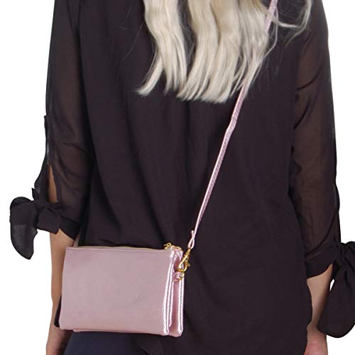 Humble Chic Vegan Leather Small Crossbody Bag or Wristlet Clutch Purse, Includes Adjustable Shoulder and Wrist Straps, Rose Gold, Metallic Pink - Thumbnail 2
