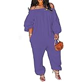 MESLIMA Women's Loose Fit Elastic Off Shoulder Beam Foot Long Sleeve Jumpsuit Rompers with Pockets Plus Size