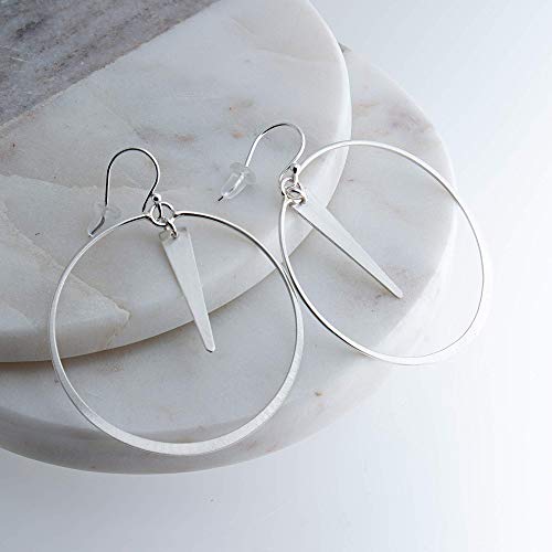 Large Flattened Circle Ring of Matte Sterling Silver Hoop Earrings with Trapezoid Component Drop SS-D43M-DROPMATTETRAP