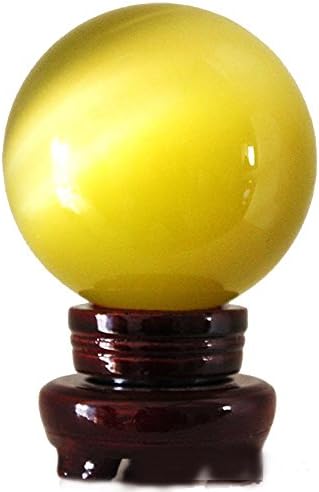 MIKINI Carved Cat's Eye Stone Ball Orb Sphere 60mm (2.4 in.) Statue Figurine with Wooden Stand (Yellow)