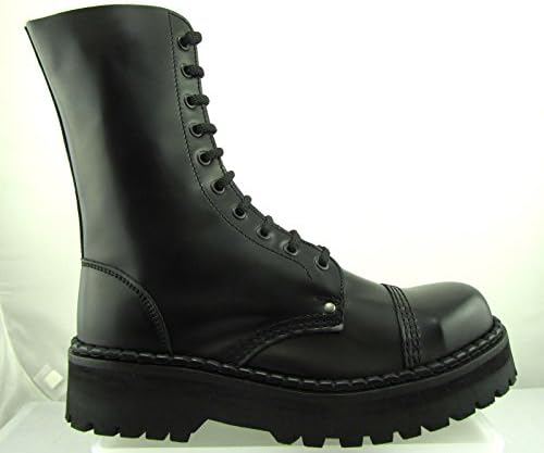 STEELGROUND Unisex Leather Combat 10 Eye Double Sole Boots Black Box Rock Biker Ultra Resistant STELL Cap