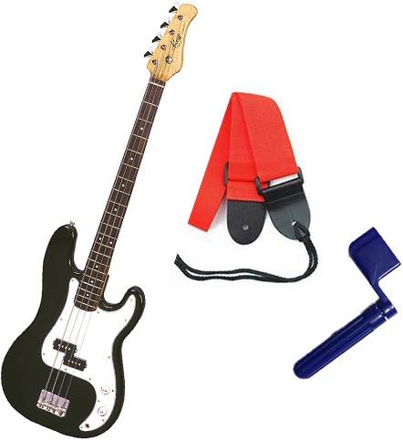 It’s All About the Bass Pack - Black Kay Electric Bass Guitar Medium Scale w/Blue String Winder & Red Strap