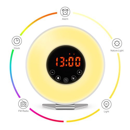 Wake Up Light Alarm Clock – 7 Color Light – Sunrise Simulator With Night Light, Nature Sounds or FM Radio Alarm – Touch Control – Include USB Charger