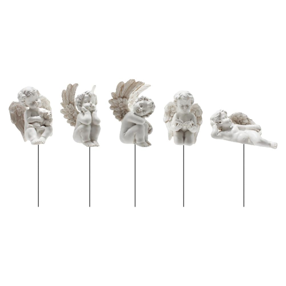 VILLCASE Resin Cupid Garden Stake, Mini Resin Angel Sculpture Cute Miniature Angel Flower Arrangement Stakes Display, Tabletop Miniatures Fairy Statuette Crafts, 5pcs