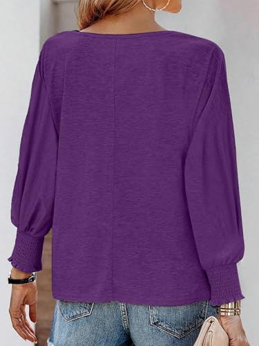 SUCOLAN WOMEN’S 2024 FASHION TOPS LONG SLEEVE T-SHIRTS CUTE CREWNECK BASIC BUSINESS TEES LOOSE FITTED CASUAL BLOUSES PURPLE