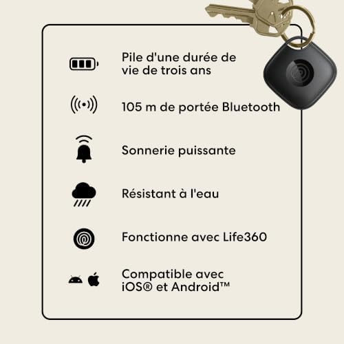 Tile - Tracker Bluetooth, détecteur de clés et localisateur d'objets pour clés, Sacs & Autres. Détecteur de téléphone. Compatible avec iOS & Android. Lot de 1 (Noir)