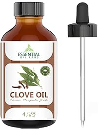 Clove Oil - 100% Pure and Natural - 4 Oz. with Glass Dropper - Therapeutic Grade - Excellent for Toothaches, Bad Breath, Earaches, Stress Relief and Chemical Free Bug Repellent by Essential Oil Labs