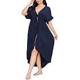 IN'VOLAND Women Plus Size Long Cover up Stripe Bikini Coverups Kimono Tie Front Bathing Suit Swimsuit Beachwear Navy Blue