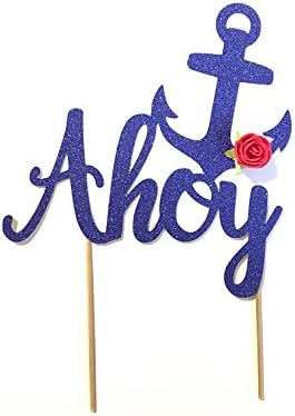 1 pc Anchor AHOY flower rose cake topper nautical sailor royal blue glitter birthday boy girl baby shower wedding